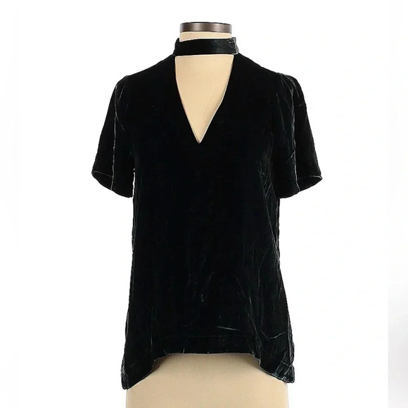 Madewell | Black Velvet Silk Blend Choker Top Short Sleeve Blouse Size XXS - Picture 2 of 4